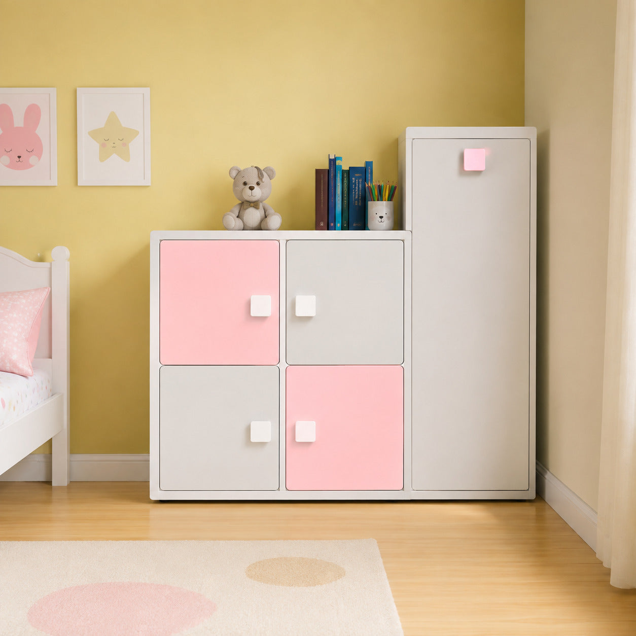 Kids Storage Cabinet Set in White & Pink with Multi-Door Storage, Toy & Book Organizer for Kids Room, Playroom, Nursery & Study Area