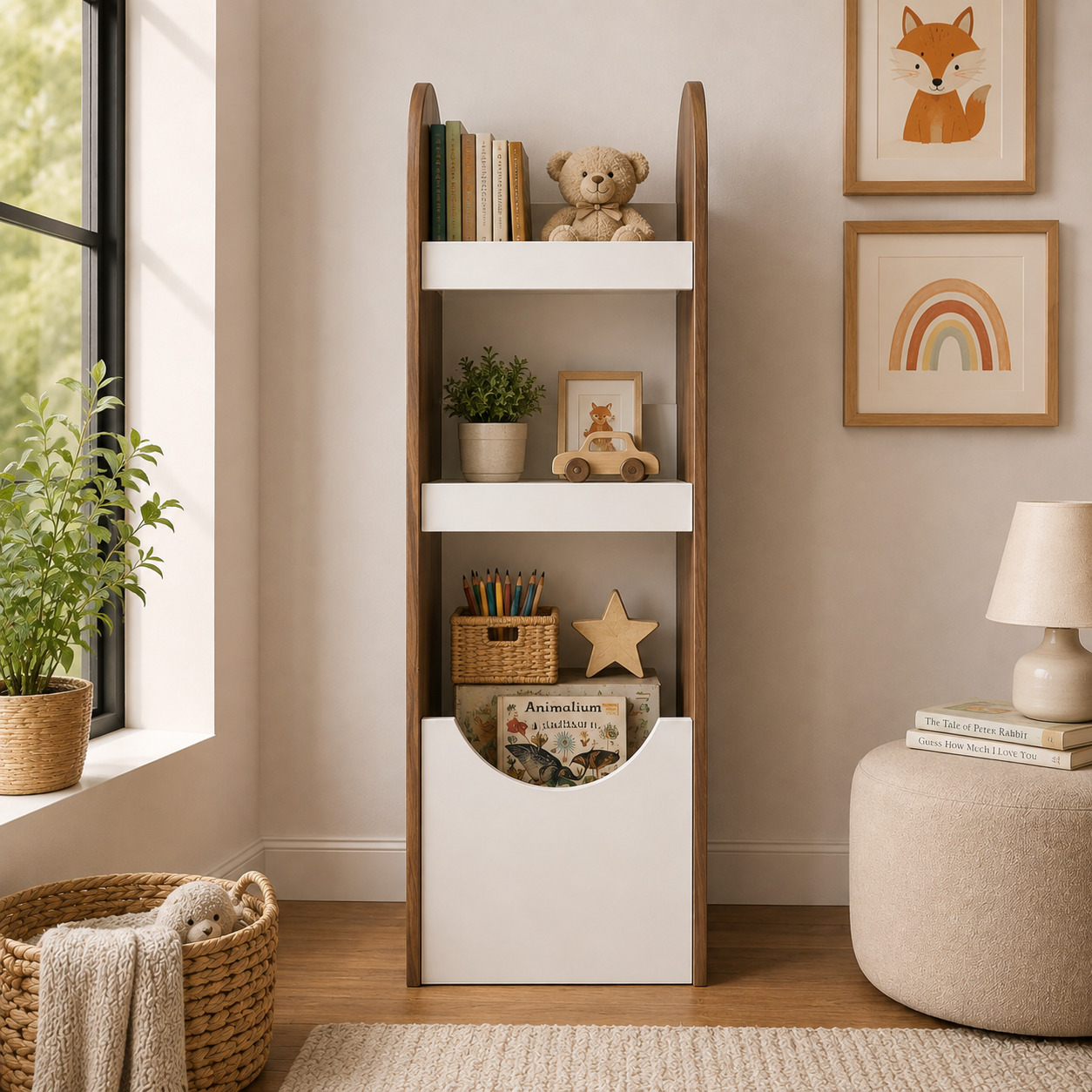 Kids Bookcase with Open Shelves & Front Storage, Wooden Finish Book Organizer for Kids Bedroom, Nursery, Playroom & Study Area