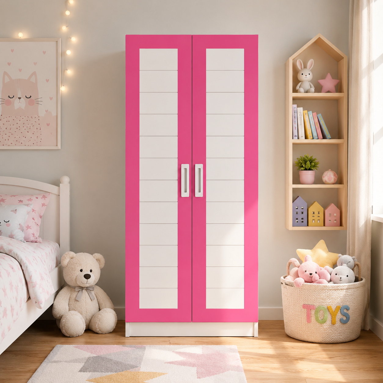 Kids Wardrobe in White & Pink with Double Door Storage, Clothes Organizer for Kids Bedroom, Nursery, Playroom & Kids Room