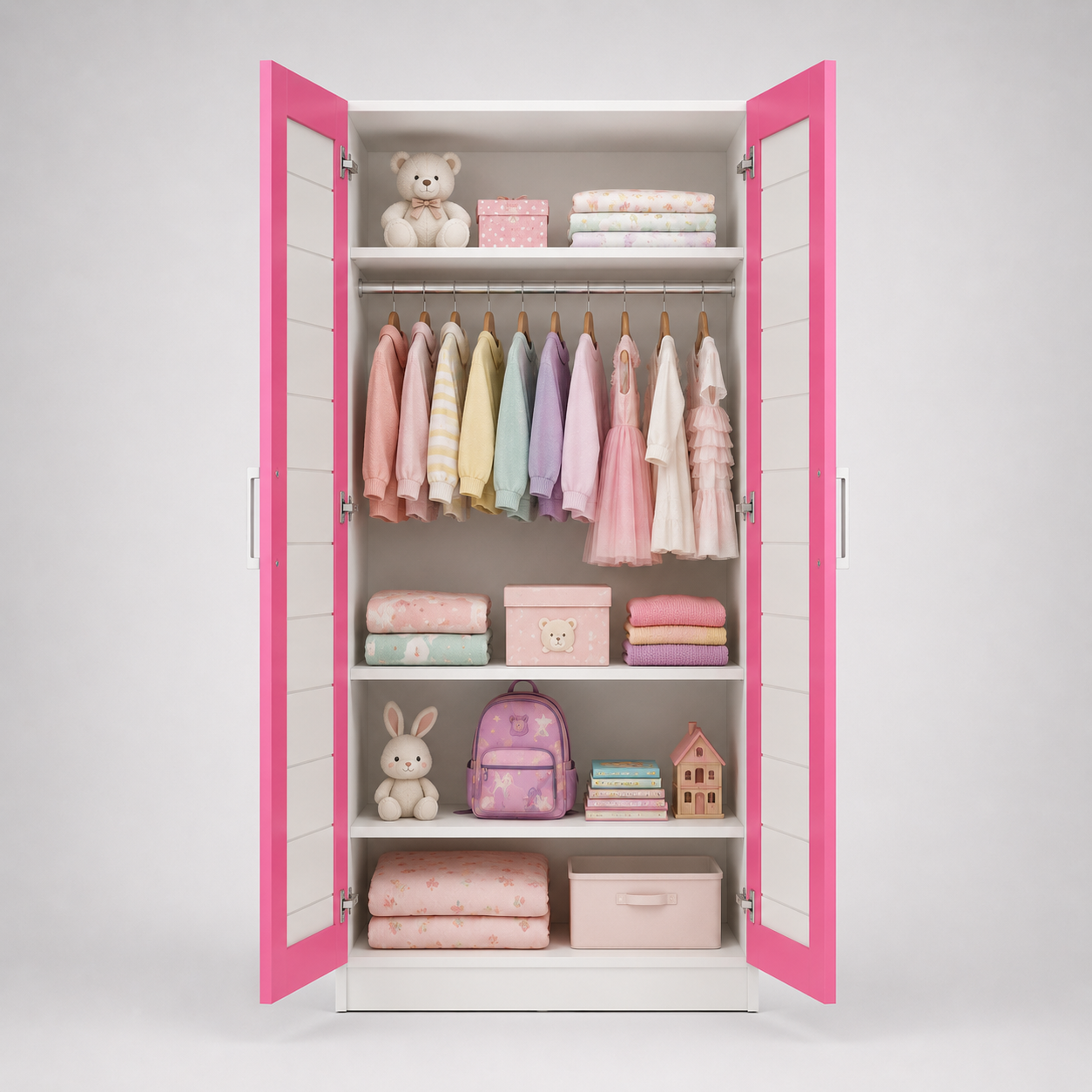 Kids Wardrobe in White & Pink with Double Door Storage, Clothes Organizer for Kids Bedroom, Nursery, Playroom & Kids Room