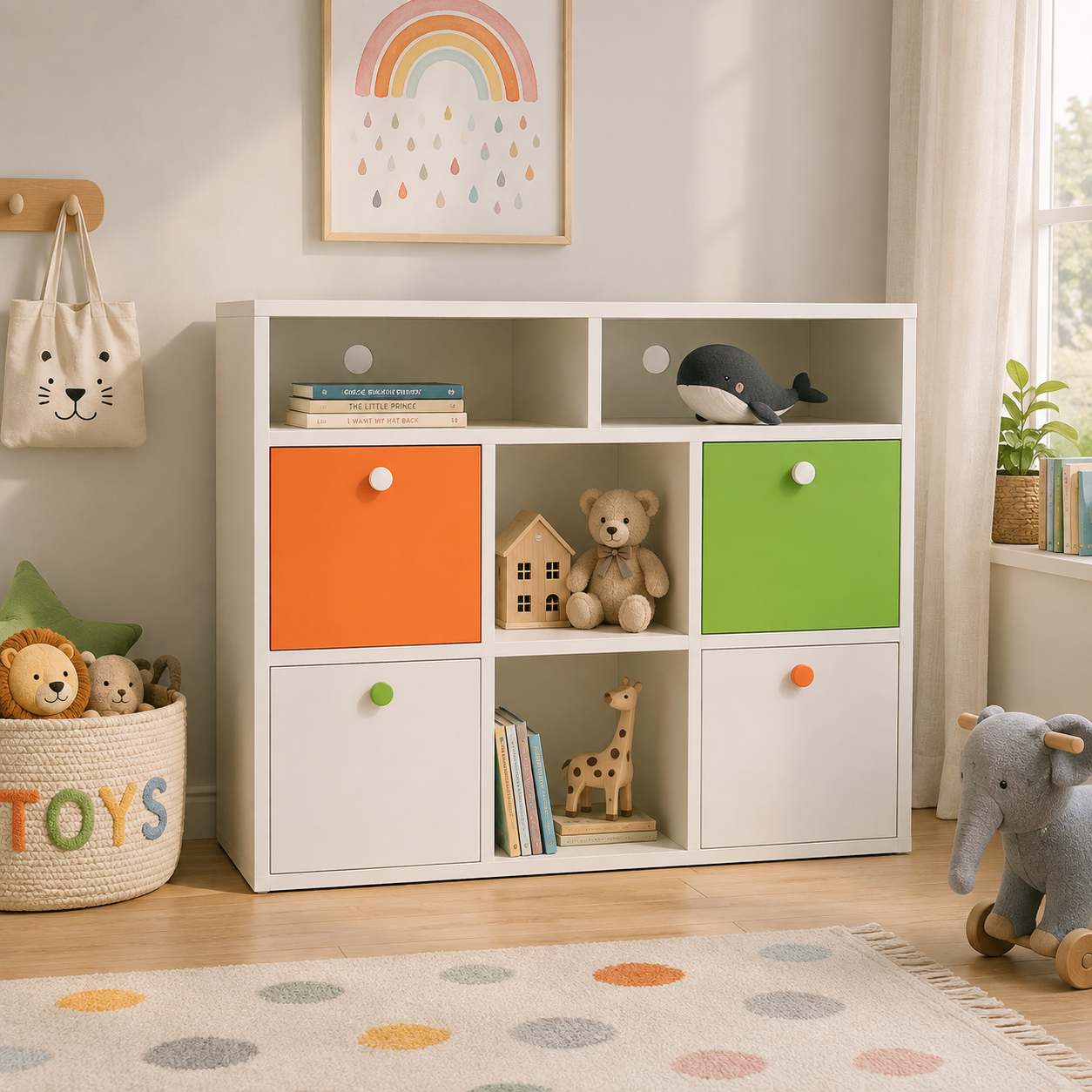 Kids Storage Cabinet in White with Multi-Colour Doors & Open Shelves, Toy & Book Organizer for Kids Room, Playroom, Nursery & Study Area