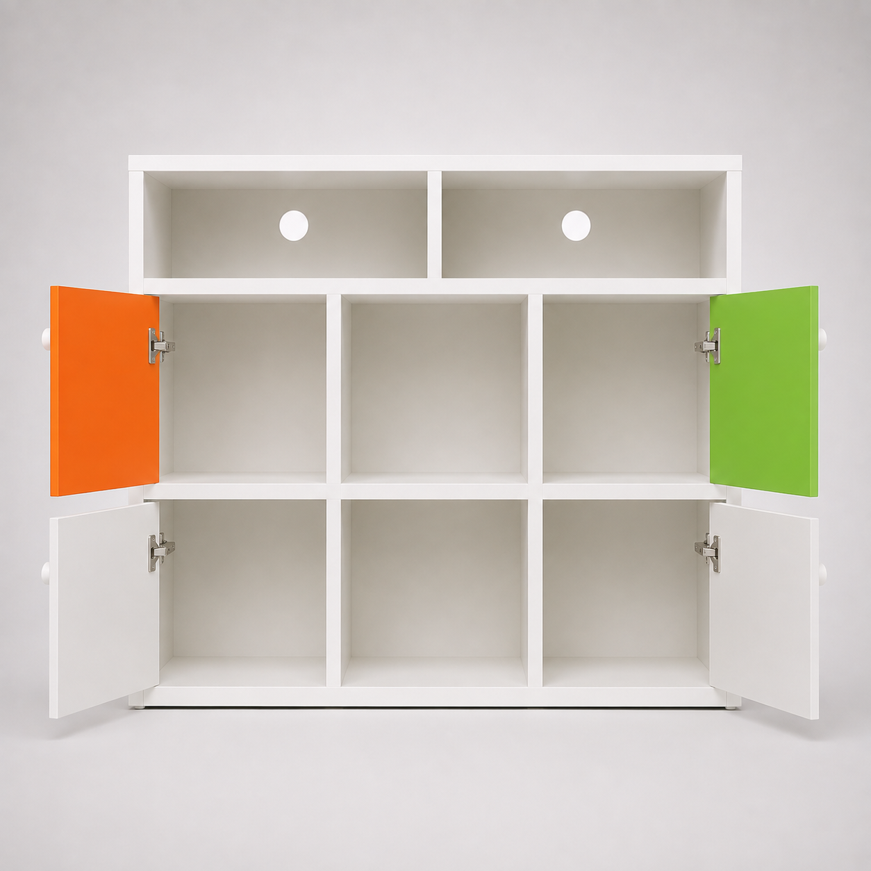 Kids Storage Cabinet in White with Multi-Colour Doors & Open Shelves, Toy & Book Organizer for Kids Room, Playroom, Nursery & Study Area