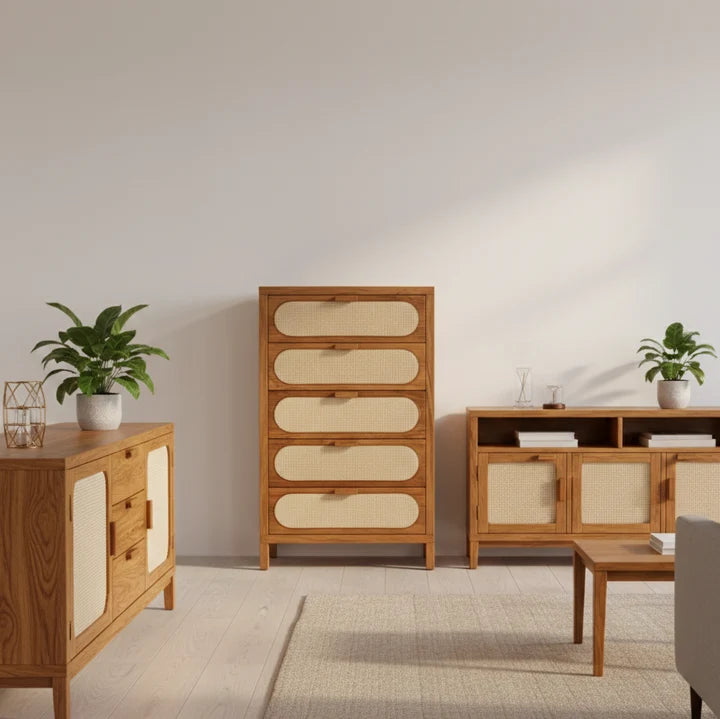 Modern 5 Drawer Chest of Drawers with Rattan Front Panels for Bedroom, Living Room & Hallway, Natural Oak Finish