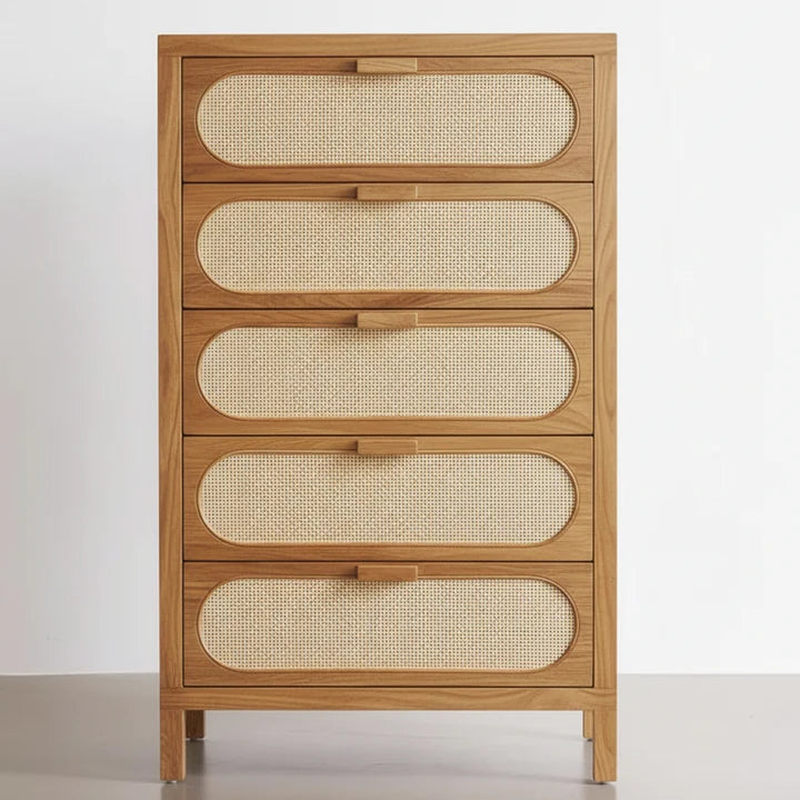 Modern 5 Drawer Chest of Drawers with Rattan Front Panels for Bedroom, Living Room & Hallway, Natural Oak Finish