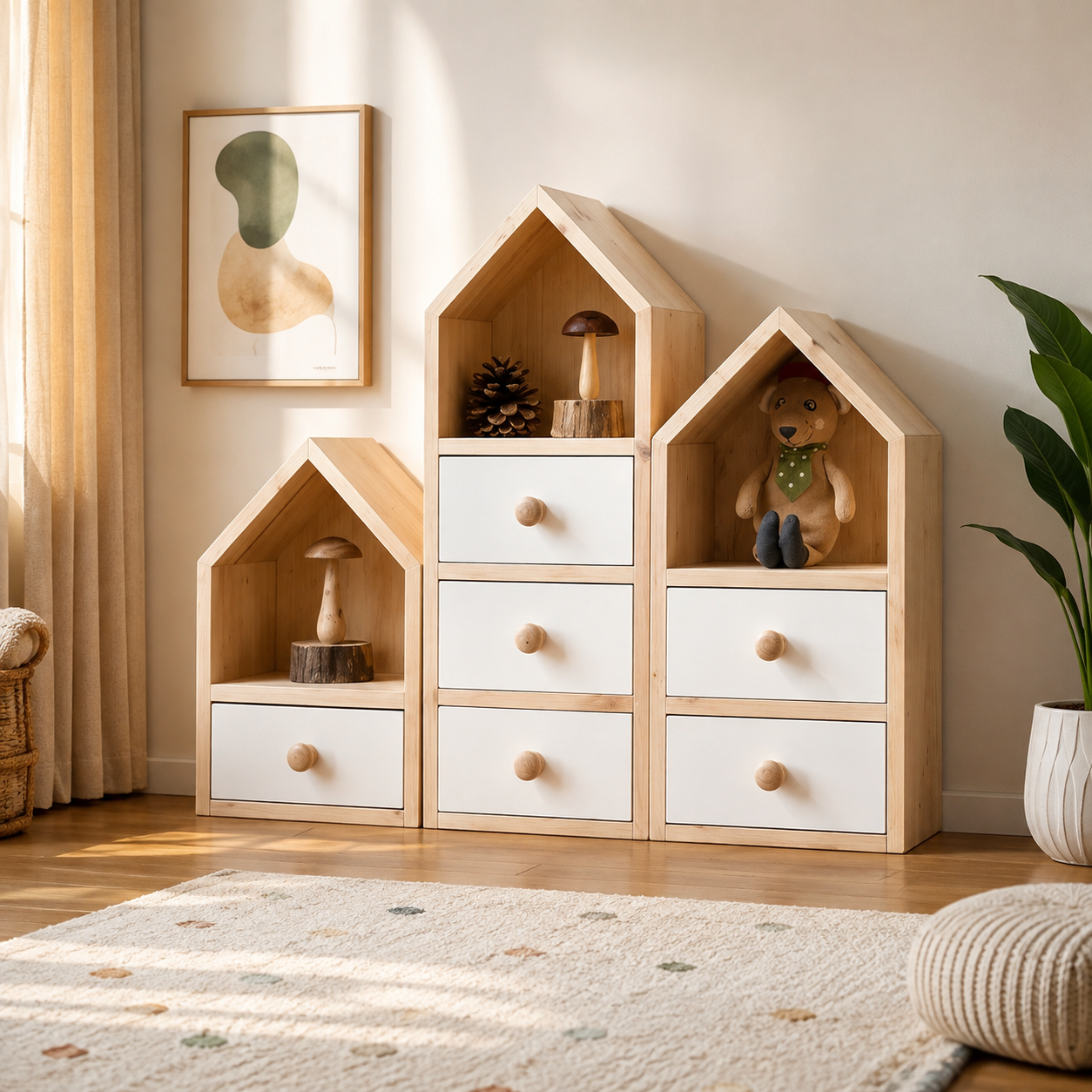 Kids Storage Cabinet with House-Shaped Open Shelves & Drawers, Wooden Organizer for Toys, Books & Decor in Kids Bedroom, Nursery & Playroom