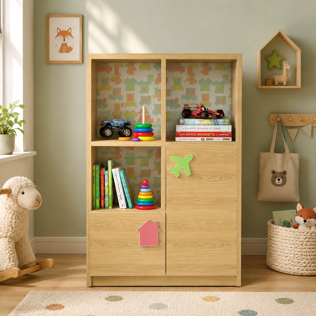 Kids Storage Cabinet in Wooden Finish with Open Shelves & Closed Storage, Toy & Book Organizer for Kids Room, Playroom, Nursery & Study Area