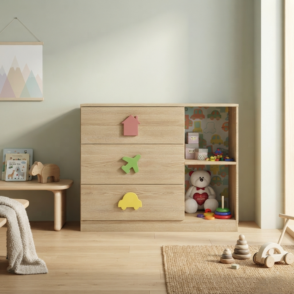 Kids Storage Cabinet in Wooden Finish with 3 Drawers & Open Shelves, Toy & Book Organizer for Kids Room, Playroom, Nursery & Study Area