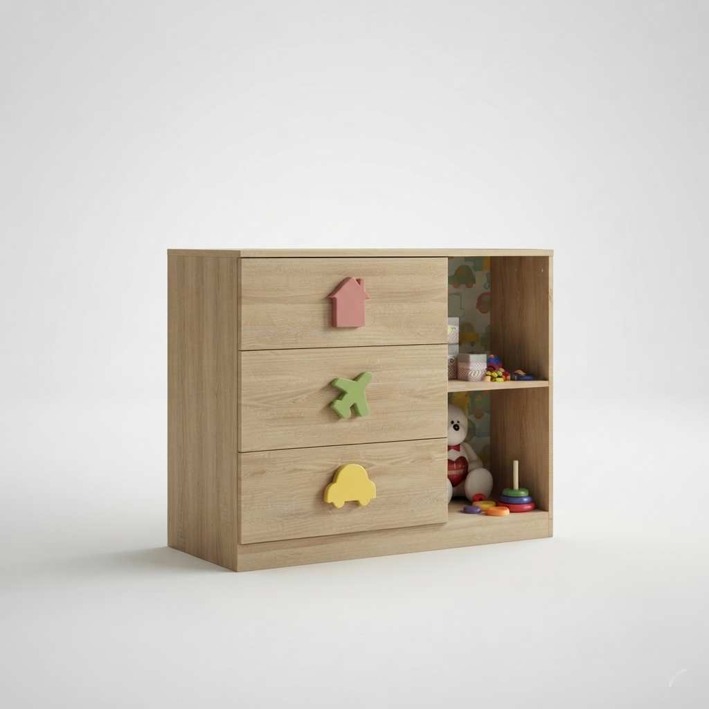 Kids Storage Cabinet in Wooden Finish with 3 Drawers & Open Shelves, Toy & Book Organizer for Kids Room, Playroom, Nursery & Study Area