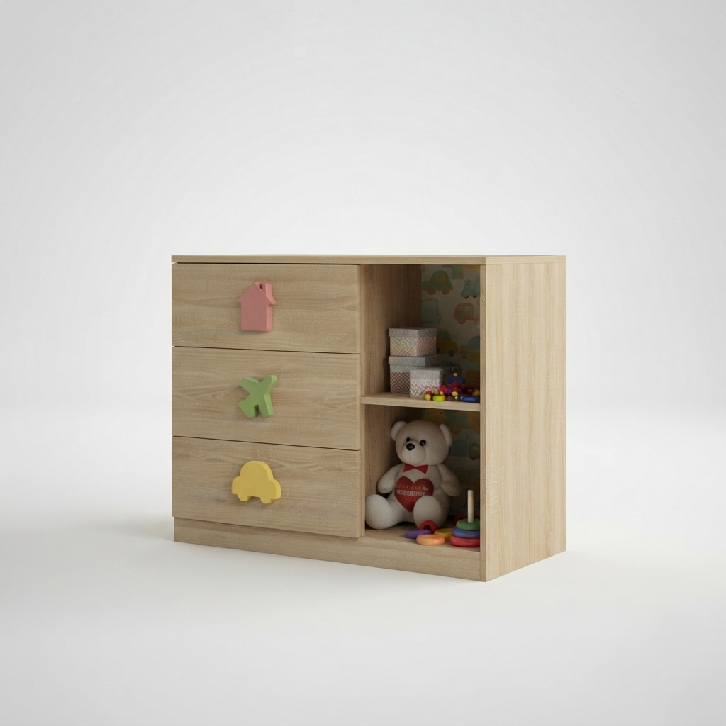 Kids Storage Cabinet in Wooden Finish with 3 Drawers & Open Shelves, Toy & Book Organizer for Kids Room, Playroom, Nursery & Study Area