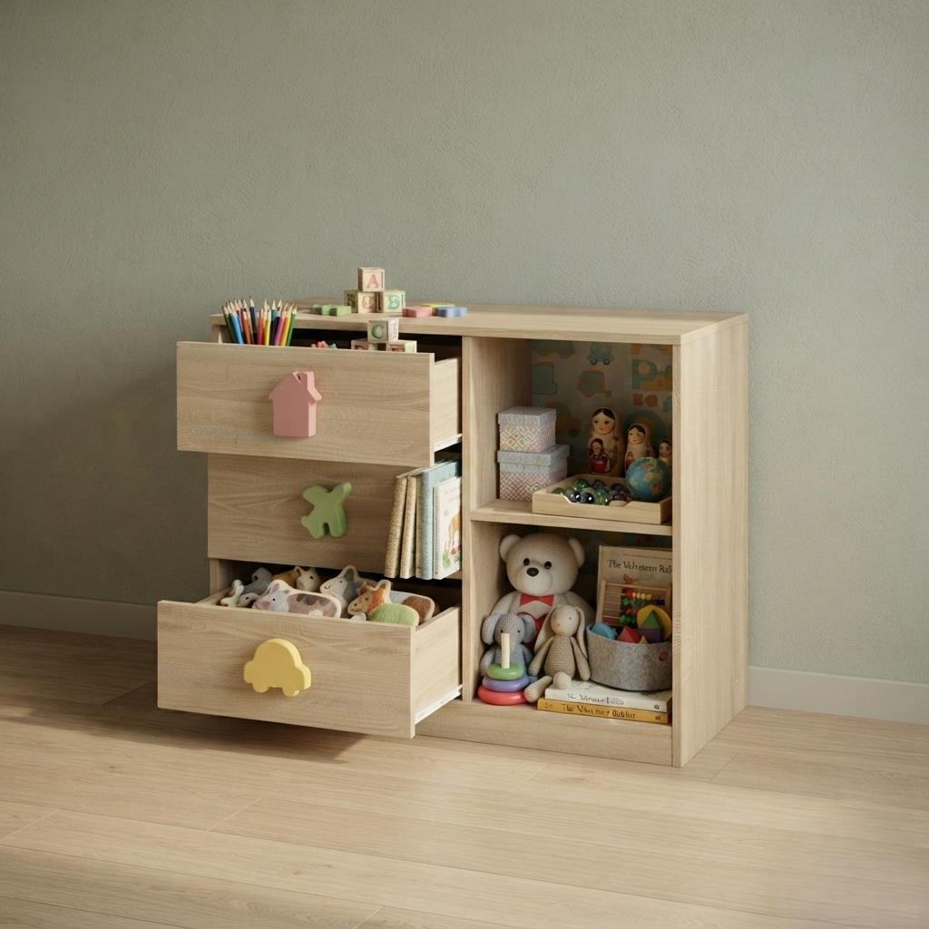 Kids Storage Cabinet in Wooden Finish with 3 Drawers & Open Shelves, Toy & Book Organizer for Kids Room, Playroom, Nursery & Study Area