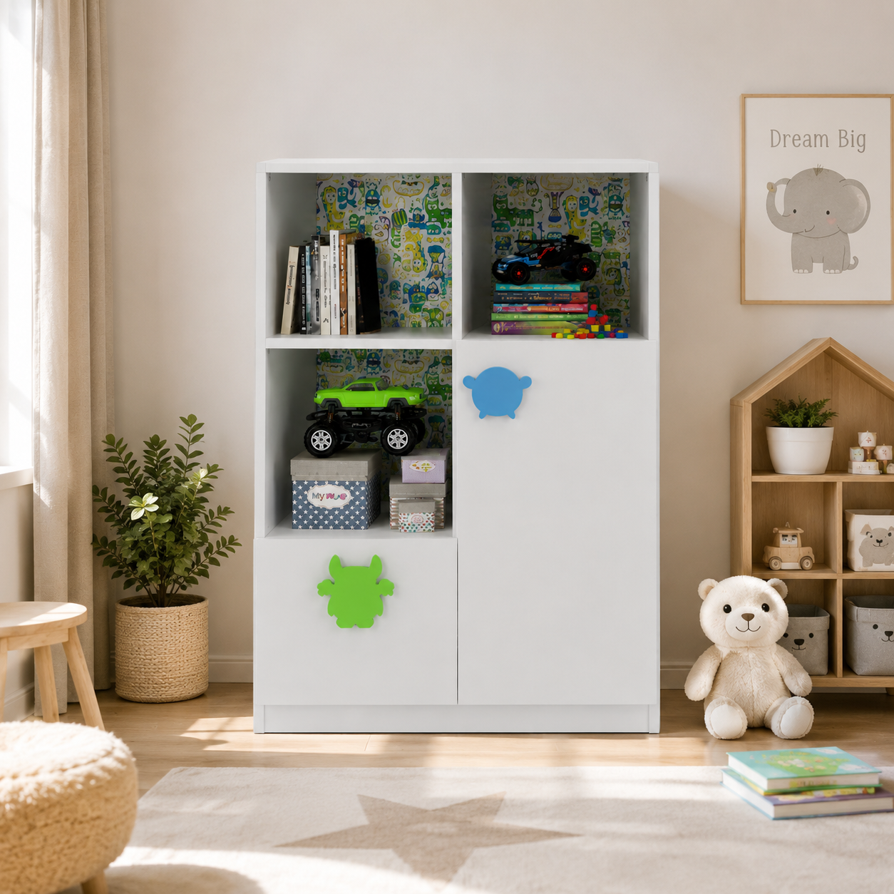 Kids Storage Cabinet in White with Open Shelves & Closed Storage, Toy & Book Organizer for Kids Room, Playroom, Nursery & Study Area