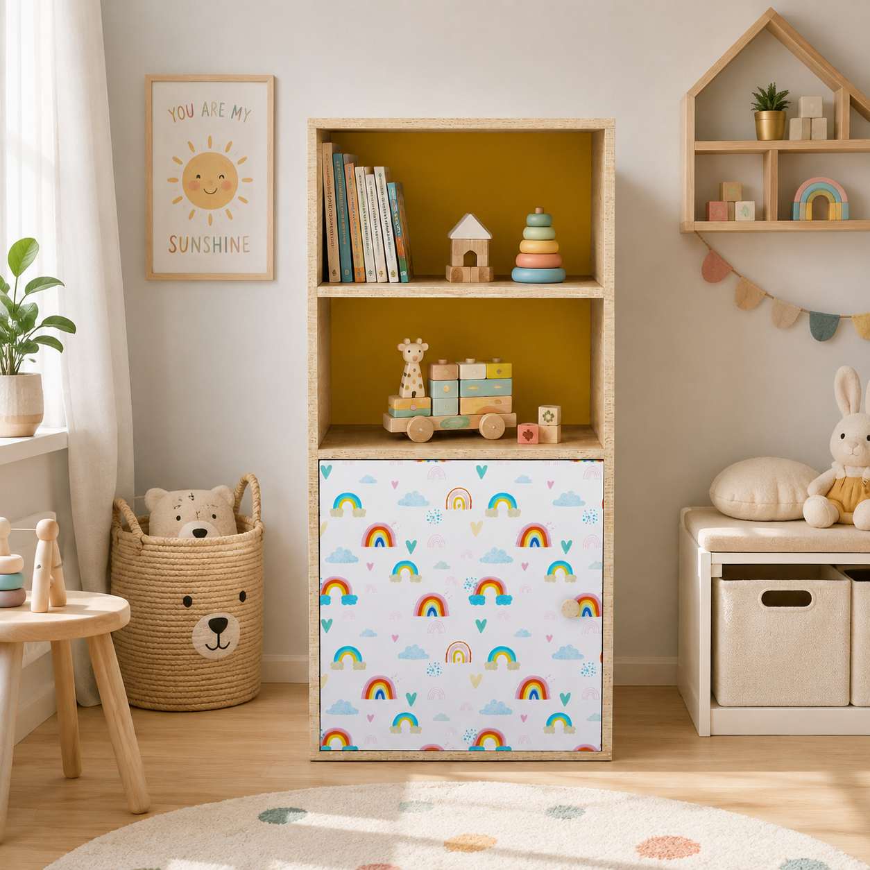 Kids Storage Cabinet in Wooden Finish with Open Shelves & Closed Storage, Toy & Book Organizer for Kids Room, Playroom, Nursery & Study Area