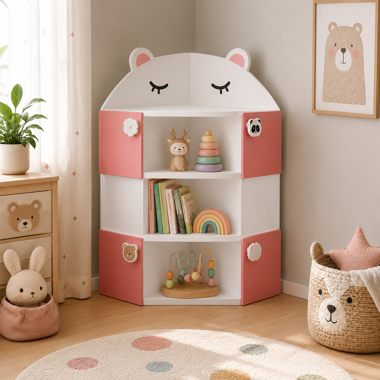 Kids Corner Storage Cabinet in White & Pink with Open Shelves & Closed Storage, Toy & Book Organizer for Kids Room, Playroom & Nursery