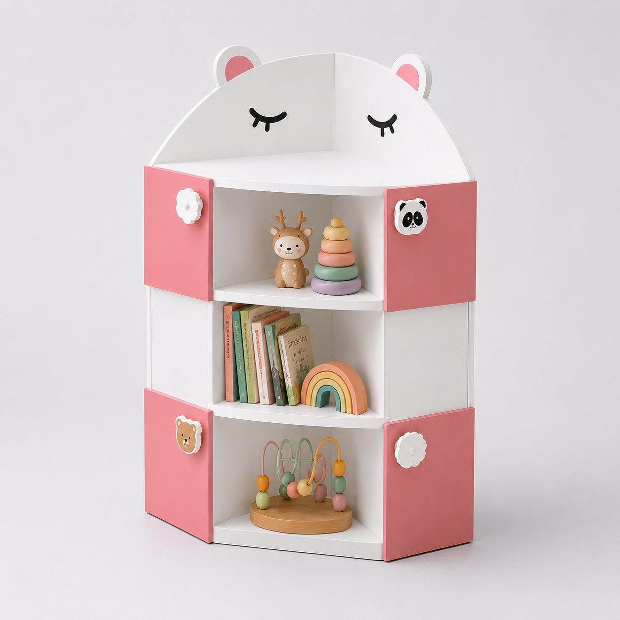 Kids Corner Storage Cabinet in White & Pink with Open Shelves & Closed Storage, Toy & Book Organizer for Kids Room, Playroom & Nursery