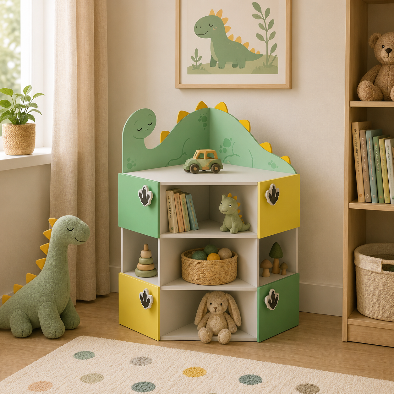 Modern Kids Corner Storage Cabinet with 4 Drawers & Open Shelves for Bedroom, Playroom & Nursery Organization