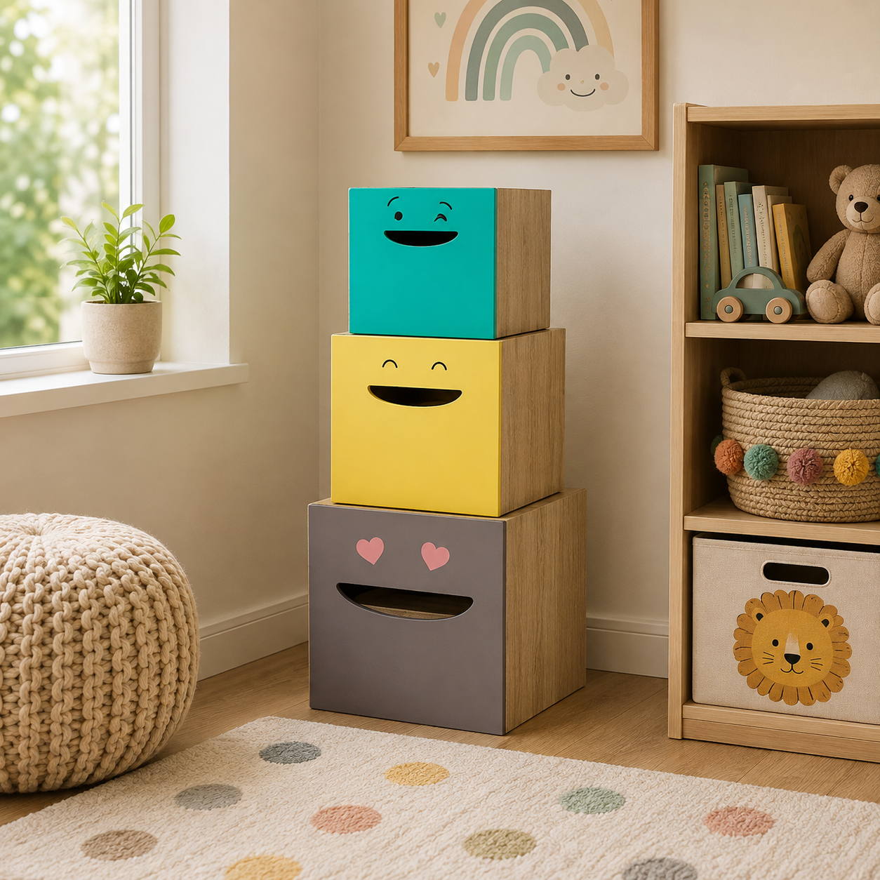 Modern Kids Stackable Storage Organizer with 3 Pull-Out Toy Bins for Bedroom, Nursery & Playroom