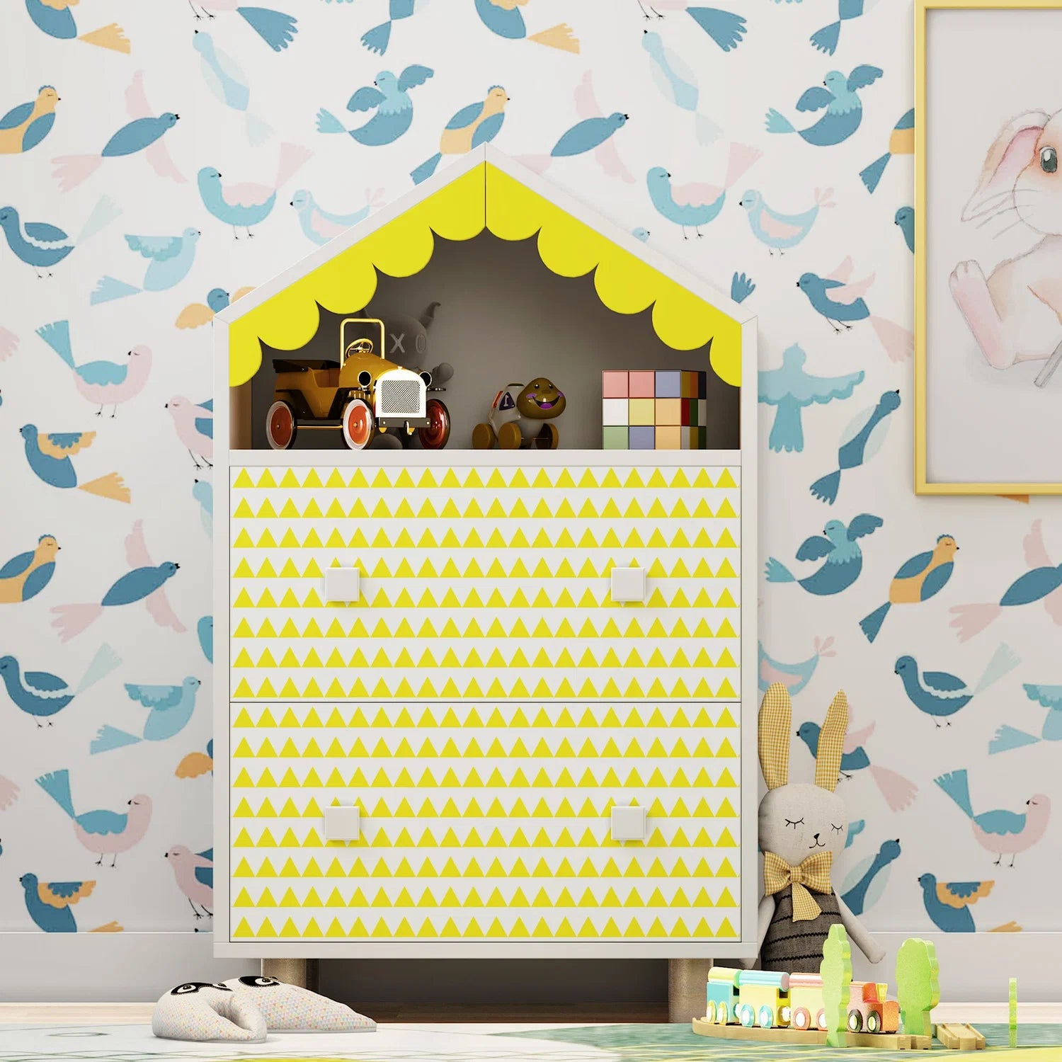 Modern Kids House-Shaped Bedside Storage Cabinet with 4 Drawers & Open Shelf for Bedroom, Nursery & Playroom