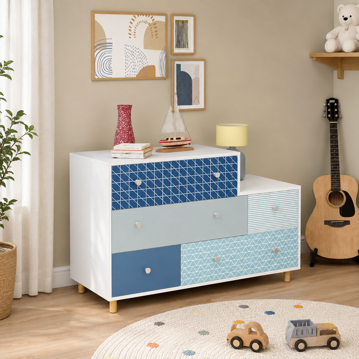 Kids Chest of Drawers in White & Blue with Multi-Drawer Storage, Kids Dresser Organizer for Bedroom, Nursery, Playroom & Study Area