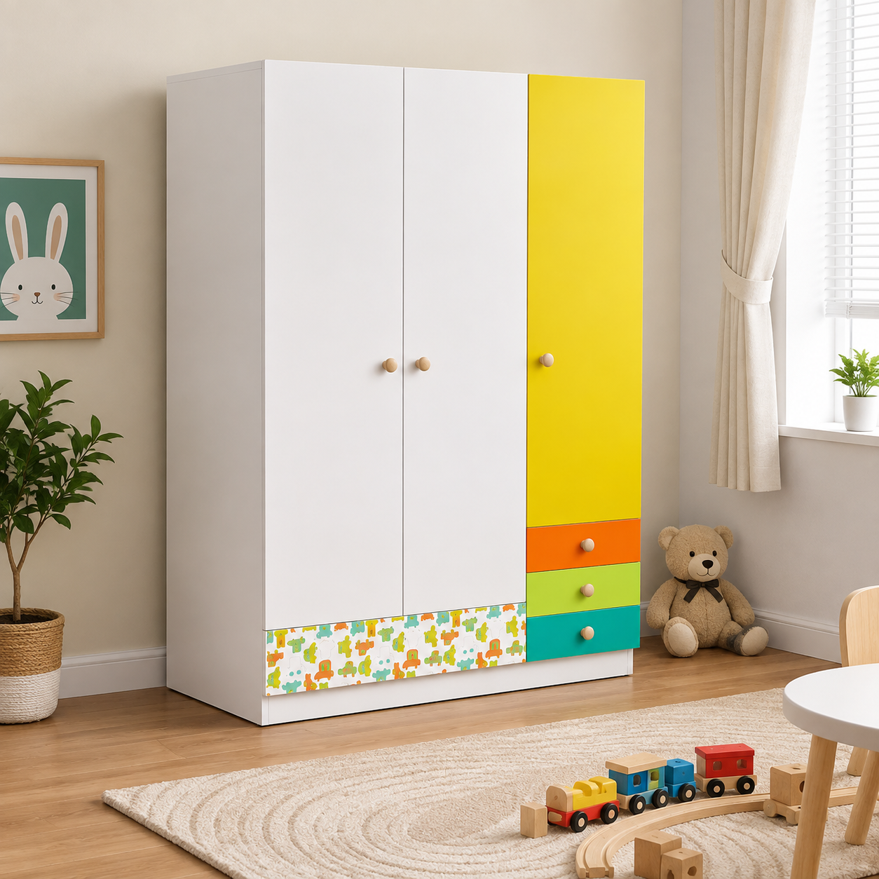 Kids Wardrobe in White with Multi-Colour Drawers & Double Door Storage, Clothes Organizer for Kids Bedroom, Nursery, Playroom & Study Area