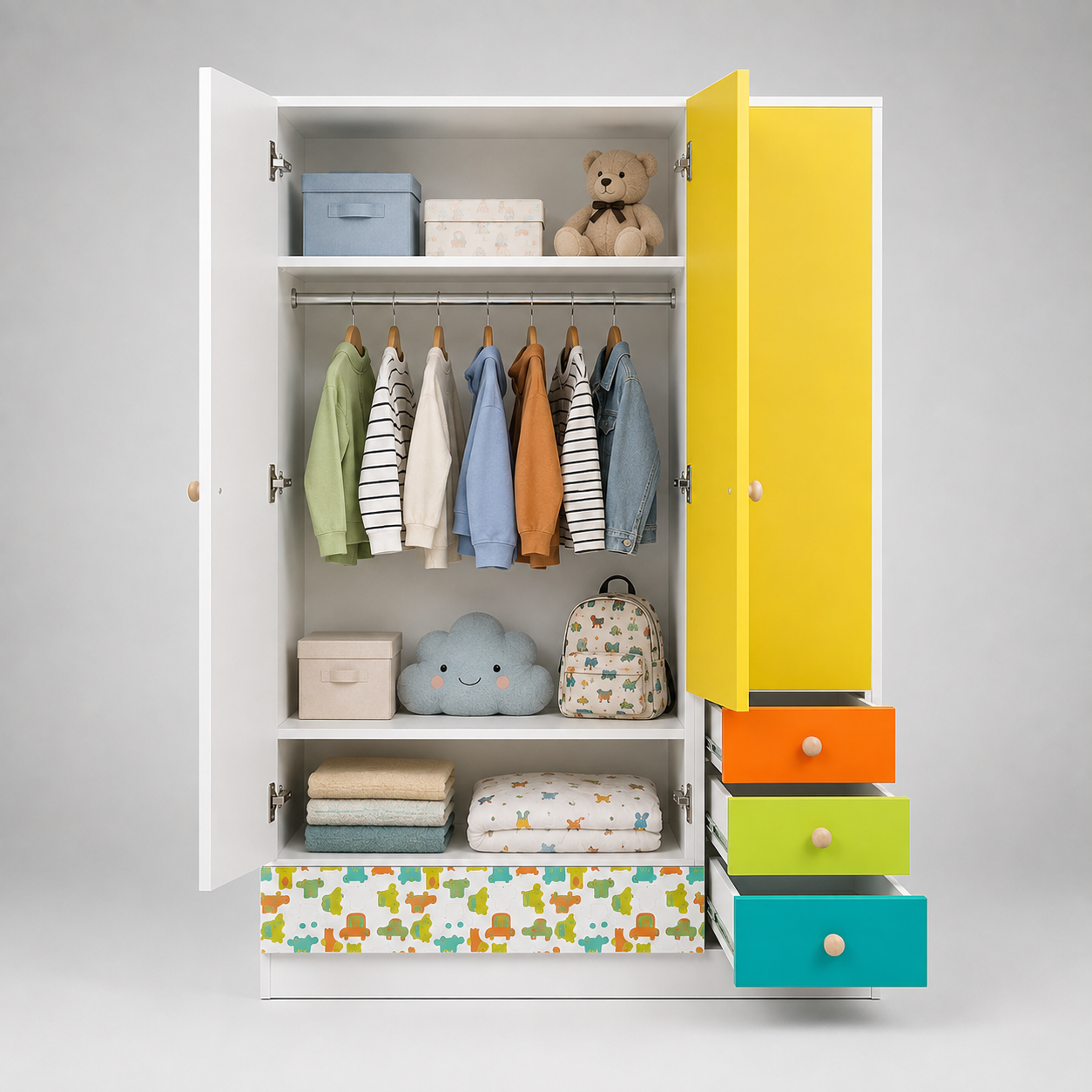 Kids Wardrobe in White with Multi-Colour Drawers & Double Door Storage, Clothes Organizer for Kids Bedroom, Nursery, Playroom & Study Area