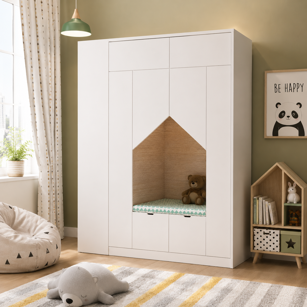 Kids Wardrobe in White with Open Display Niche & Multi-Door Storage, Clothes Organizer for Kids Bedroom, Nursery, Playroom & Study Area