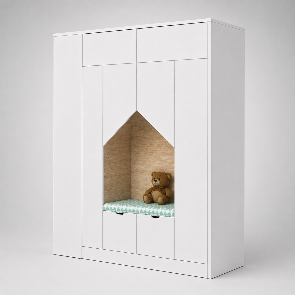Kids Wardrobe in White with Open Display Niche & Multi-Door Storage, Clothes Organizer for Kids Bedroom, Nursery, Playroom & Study Area