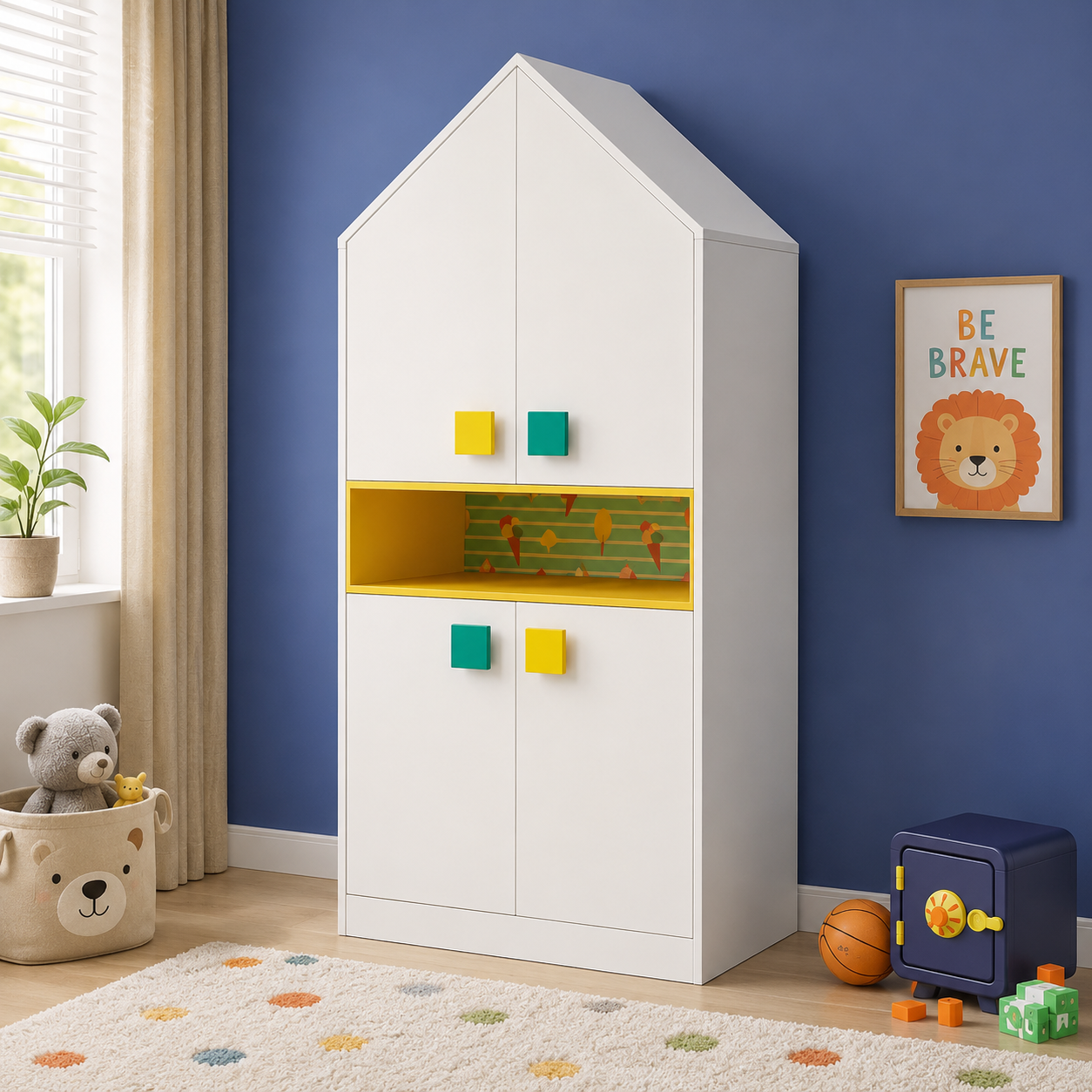 Kids Wardrobe in White with House Design, Open Display Shelf & Multi-Door Storage for Kids Bedroom, Nursery, Playroom & Study Area