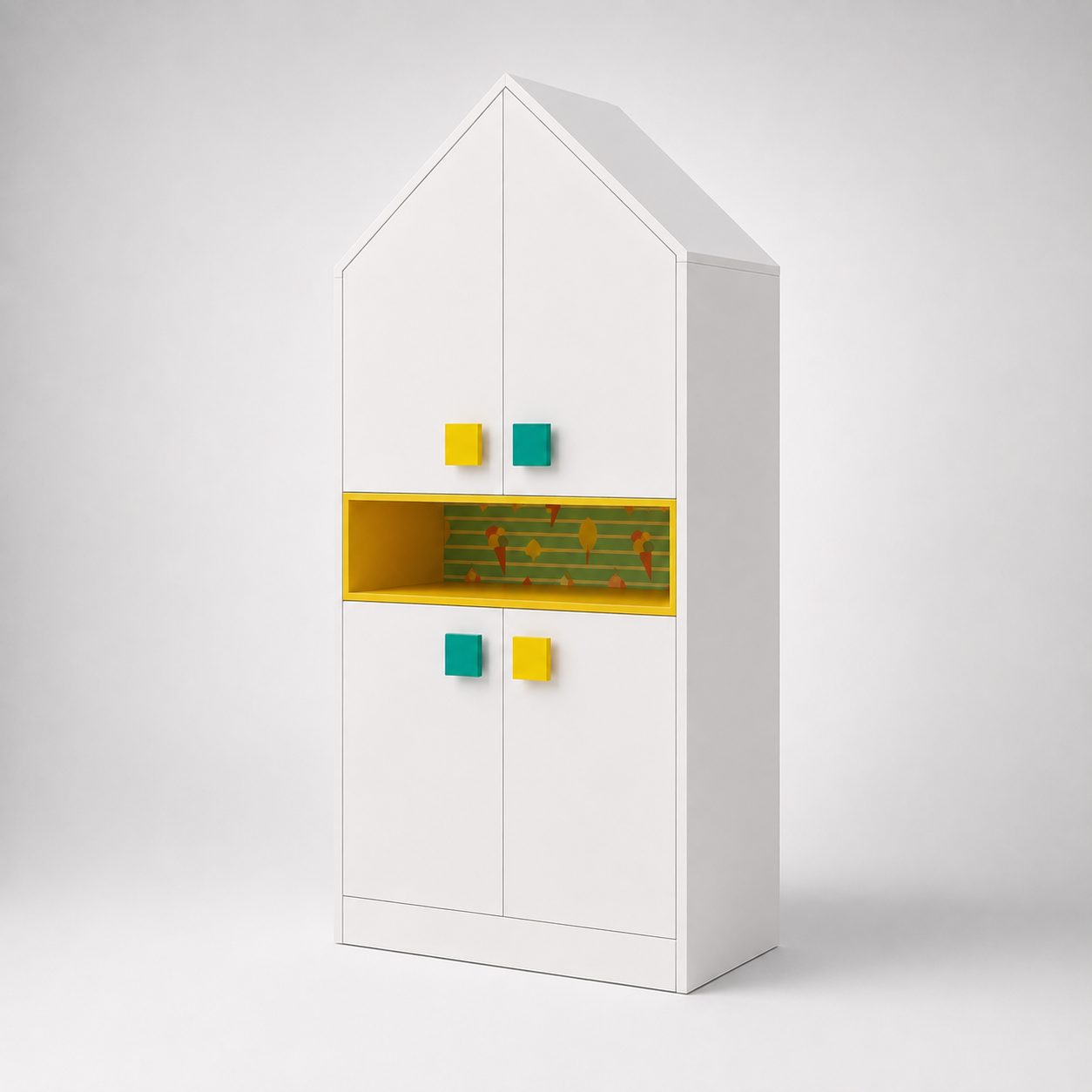 Kids Wardrobe in White with House Design, Open Display Shelf & Multi-Door Storage for Kids Bedroom, Nursery, Playroom & Study Area