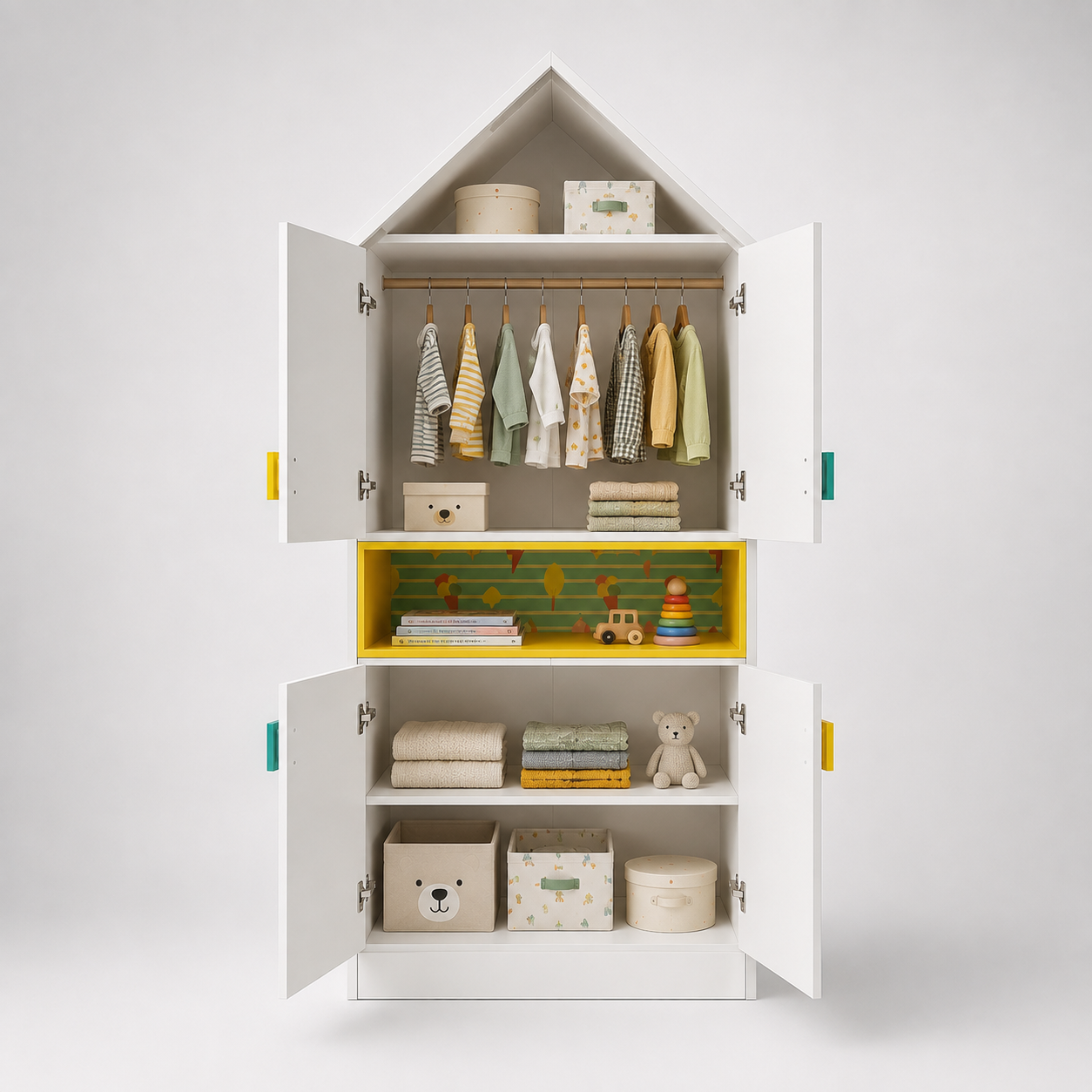 Kids Wardrobe in White with House Design, Open Display Shelf & Multi-Door Storage for Kids Bedroom, Nursery, Playroom & Study Area