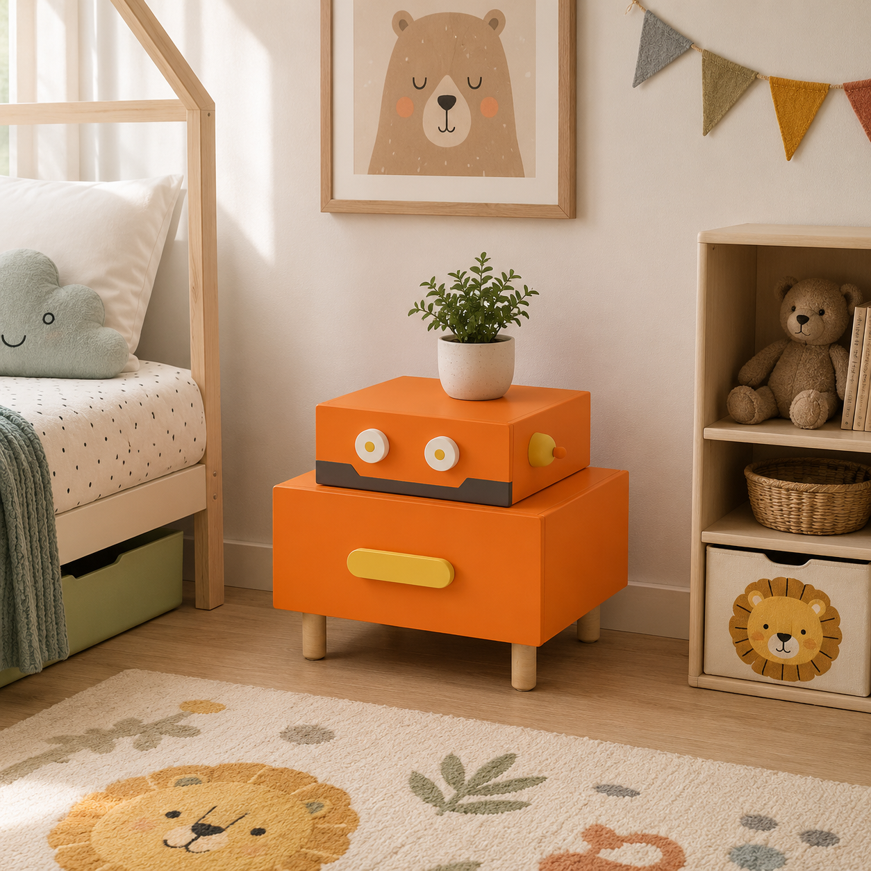 Modern Kids Cartoon 2 Drawer Bedside Storage Cabinet with Compact Organizer for Bedroom, Nursery & Playroom