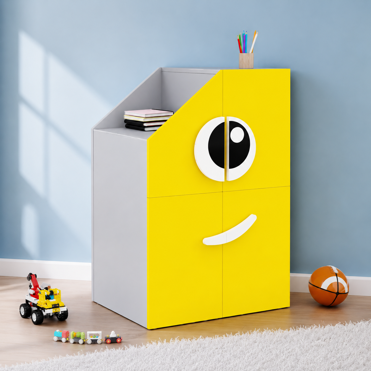 Kids Monster Storage Cabinet in White & Yellow with Multi-Door Storage, Toy & Book Organizer for Kids Bedroom, Nursery, Playroom & Study Area