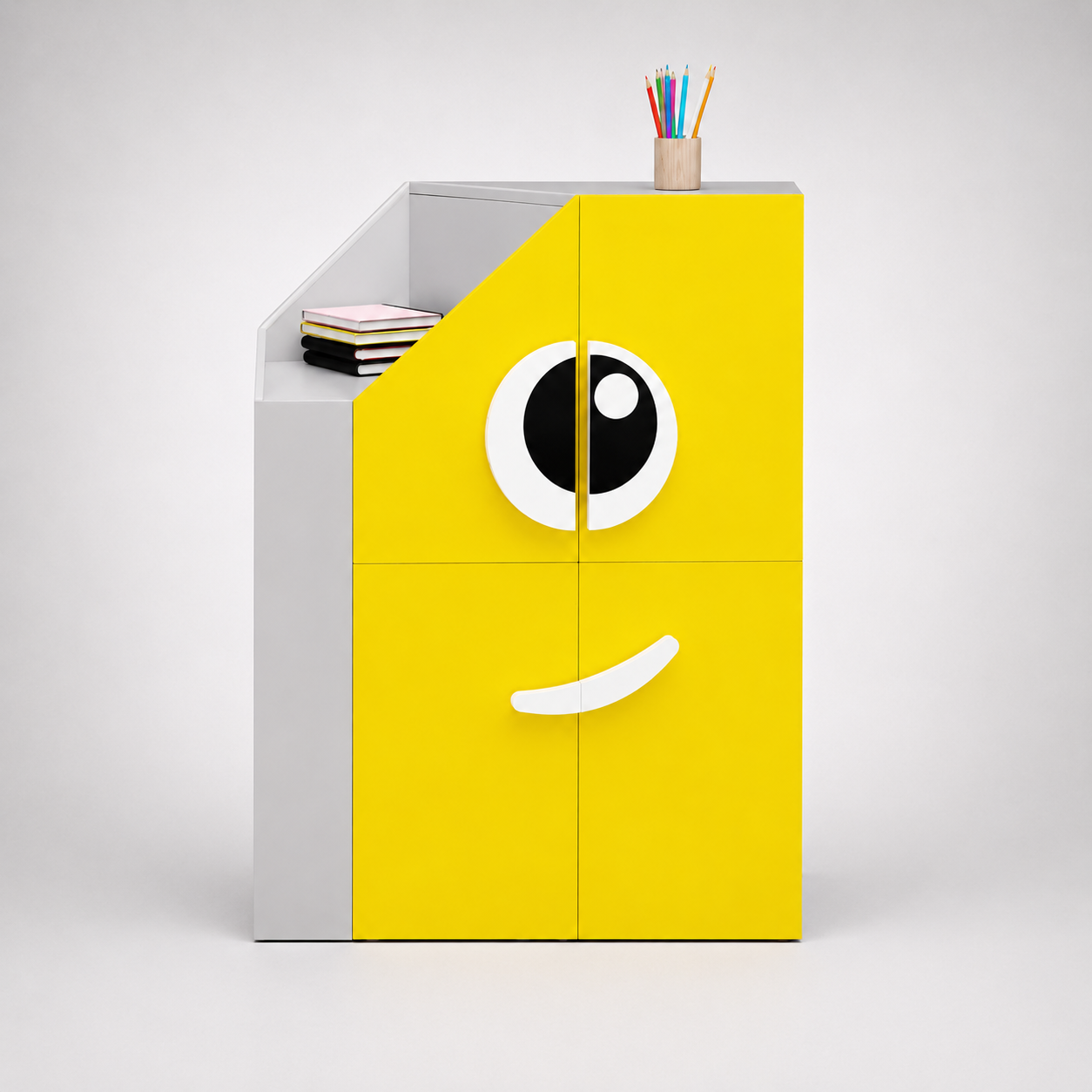 Kids Monster Storage Cabinet in White & Yellow with Multi-Door Storage, Toy & Book Organizer for Kids Bedroom, Nursery, Playroom & Study Area