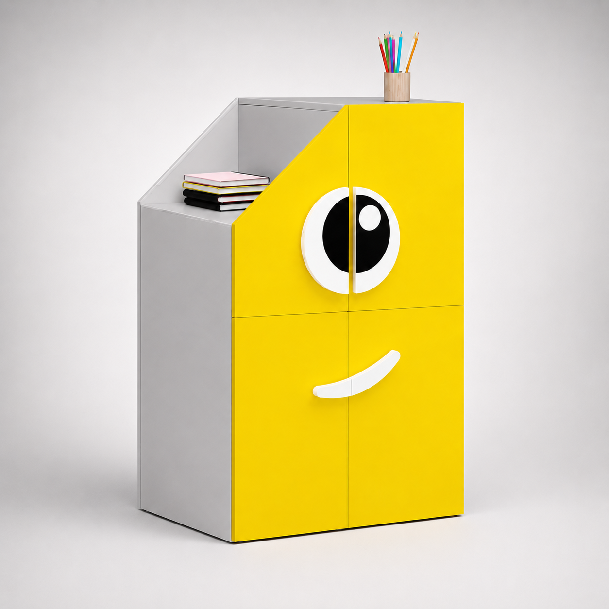 Kids Monster Storage Cabinet in White & Yellow with Multi-Door Storage, Toy & Book Organizer for Kids Bedroom, Nursery, Playroom & Study Area
