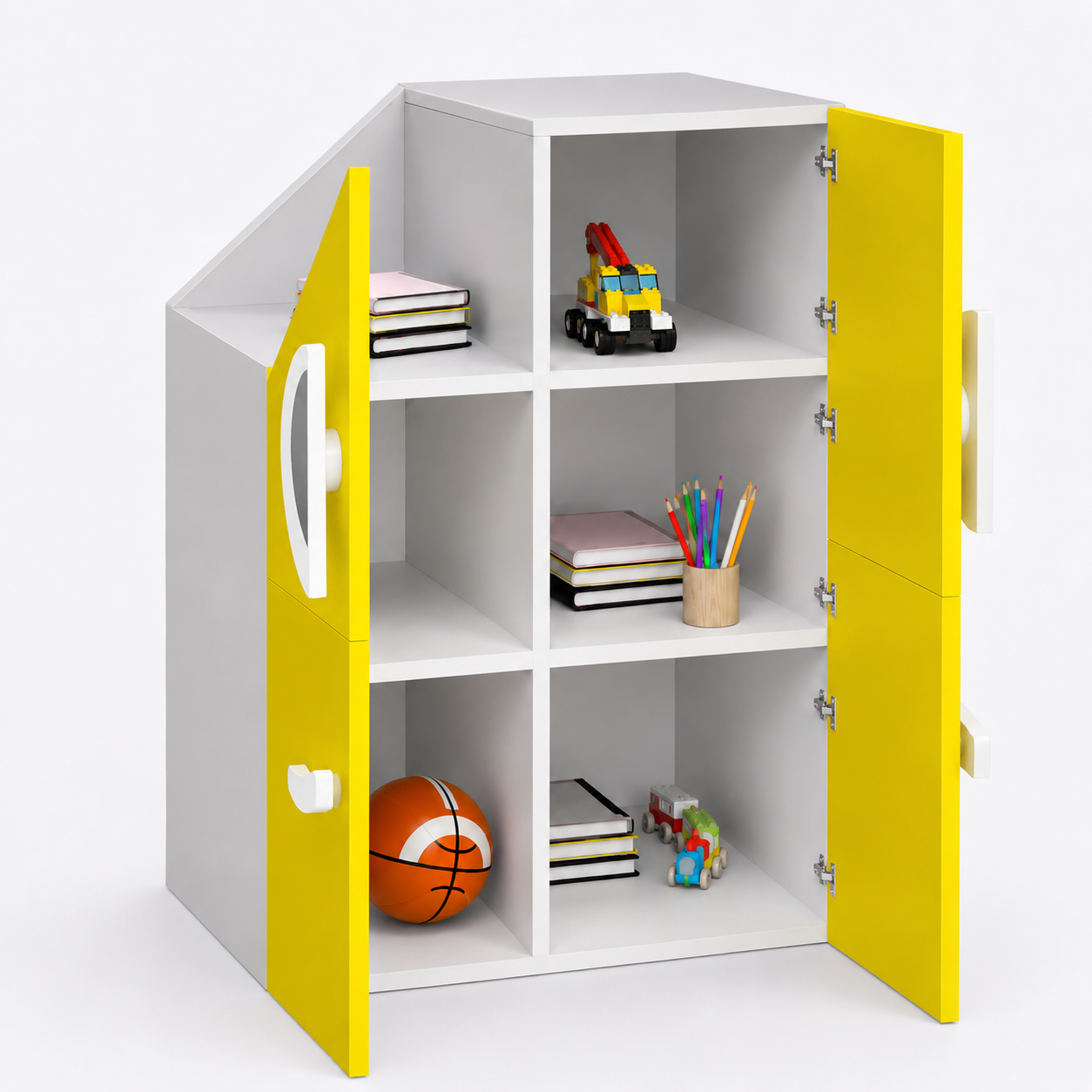 Kids Monster Storage Cabinet in White & Yellow with Multi-Door Storage, Toy & Book Organizer for Kids Bedroom, Nursery, Playroom & Study Area