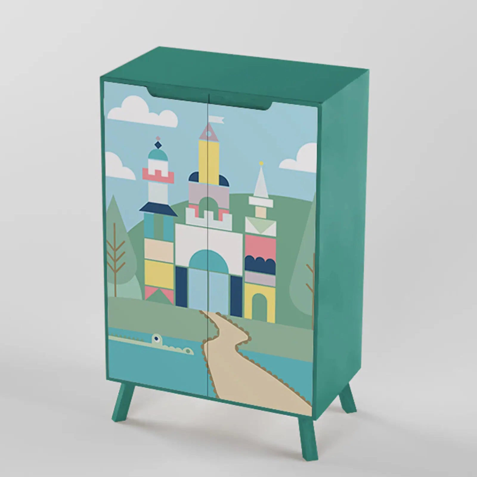 Modern Kids 2 Door Wardrobe with Castle Design Storage Cabinet for Bedroom, Nursery & Playroom