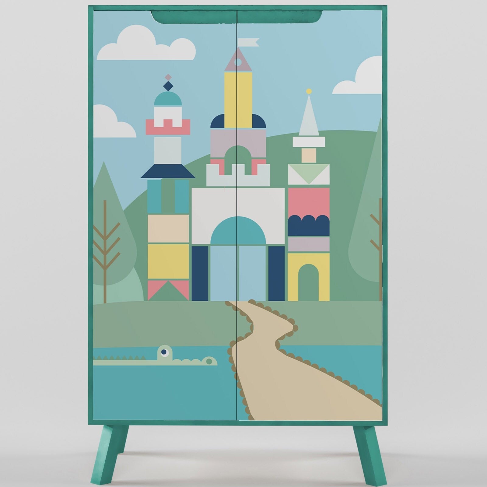 Modern Kids 2 Door Wardrobe with Castle Design Storage Cabinet for Bedroom, Nursery & Playroom