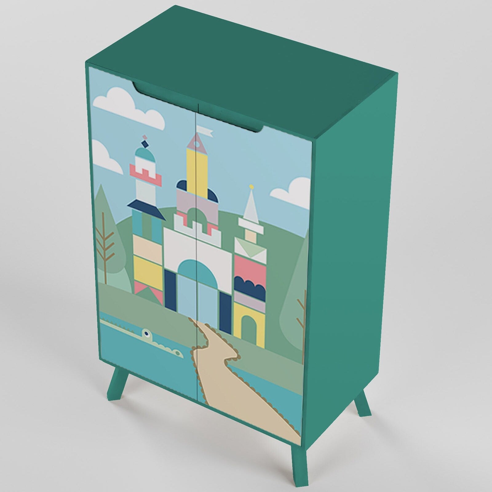 Modern Kids 2 Door Wardrobe with Castle Design Storage Cabinet for Bedroom, Nursery & Playroom