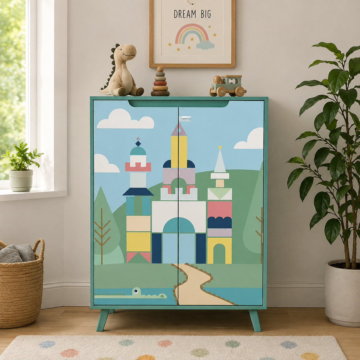 Modern Kids 2 Door Wardrobe with Castle Design Storage Cabinet for Bedroom, Nursery & Playroom