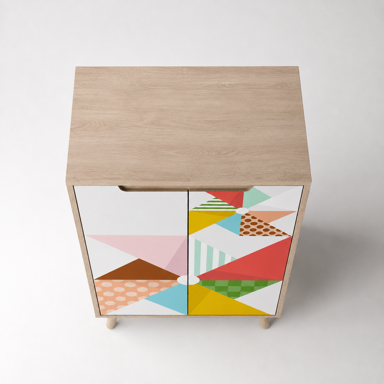 Modern Kids 2 Door Storage Cabinet with Geometric Printed Doors, Wooden Legs, Compact Wardrobe Organizer for Bedroom, Nursery & Playroom