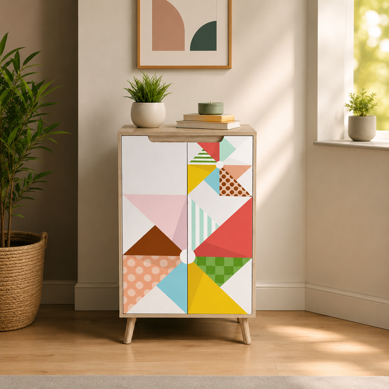 Modern Kids 2 Door Storage Cabinet with Geometric Printed Doors, Wooden Legs, Compact Wardrobe Organizer for Bedroom, Nursery & Playroom