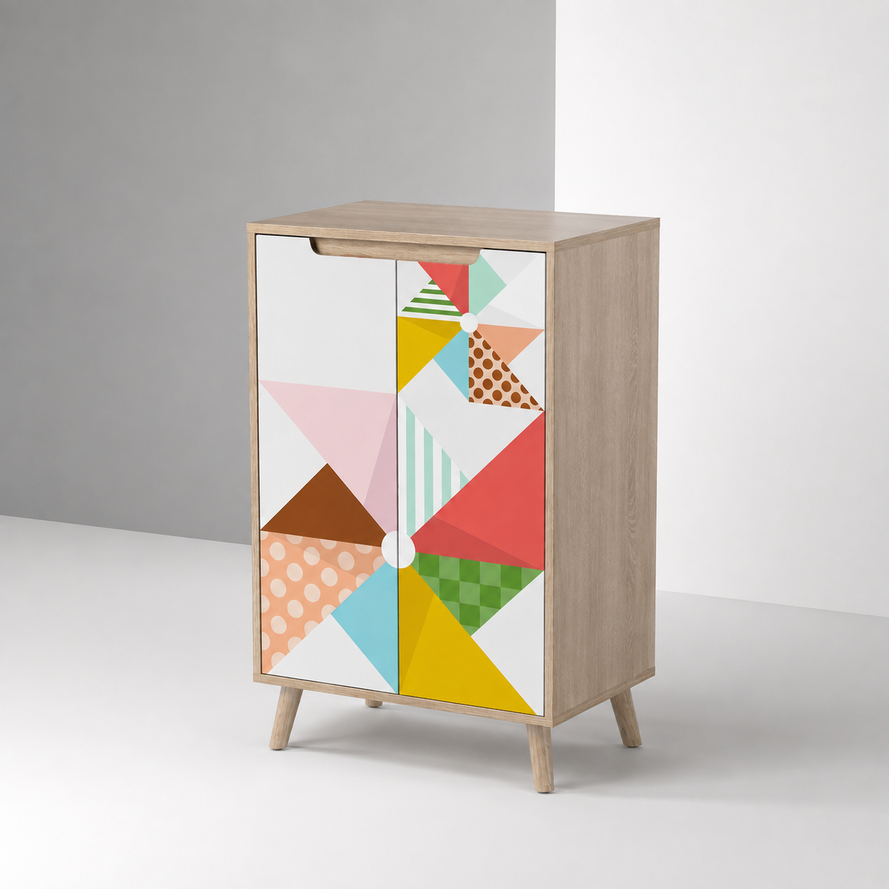 Modern Kids 2 Door Storage Cabinet with Geometric Printed Doors, Wooden Legs, Compact Wardrobe Organizer for Bedroom, Nursery & Playroom