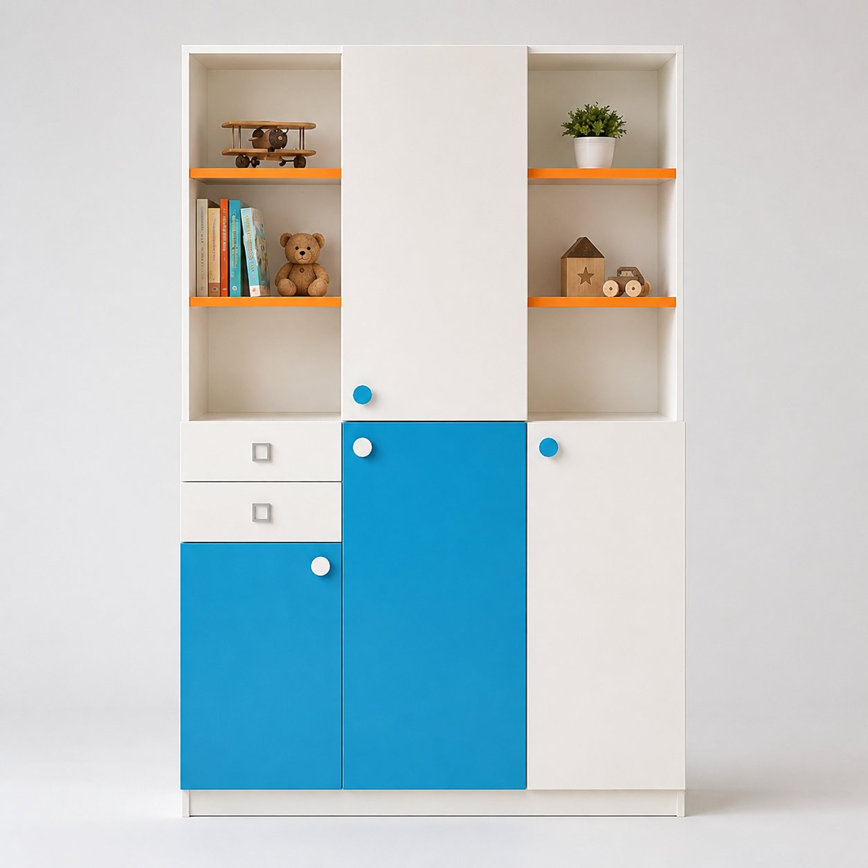 Kids Wardrobe in White & Blue with Open Shelves, Drawers & Multi-Door Storage for Kids Bedroom, Nursery, Playroom & Study Area