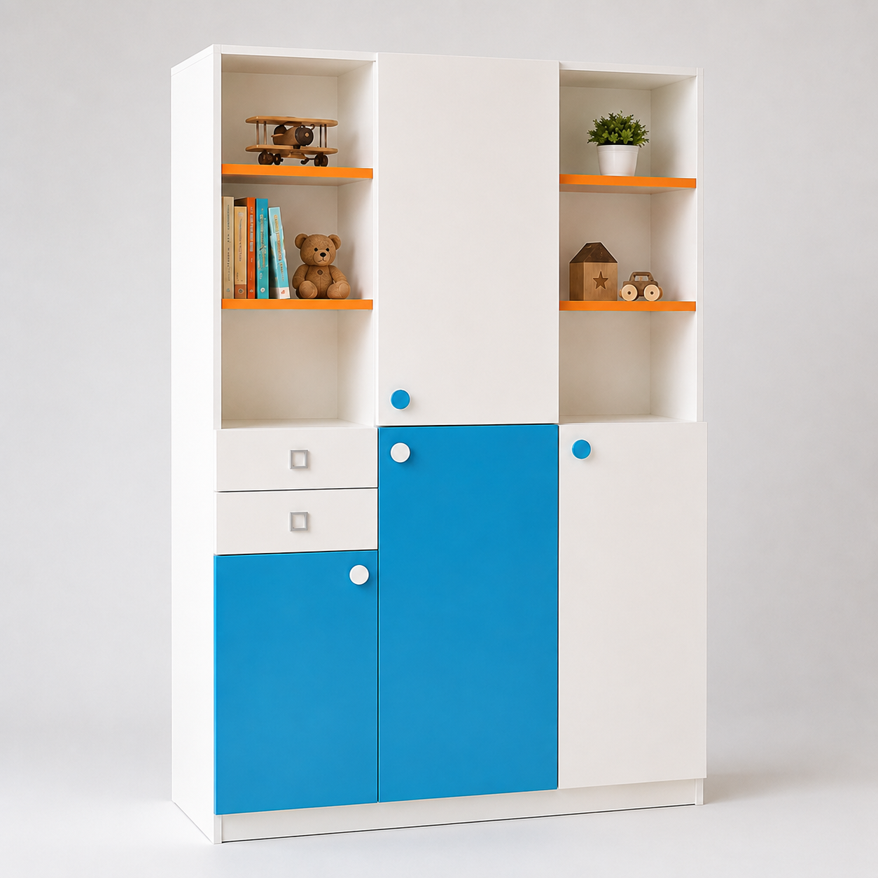Kids Wardrobe in White & Blue with Open Shelves, Drawers & Multi-Door Storage for Kids Bedroom, Nursery, Playroom & Study Area