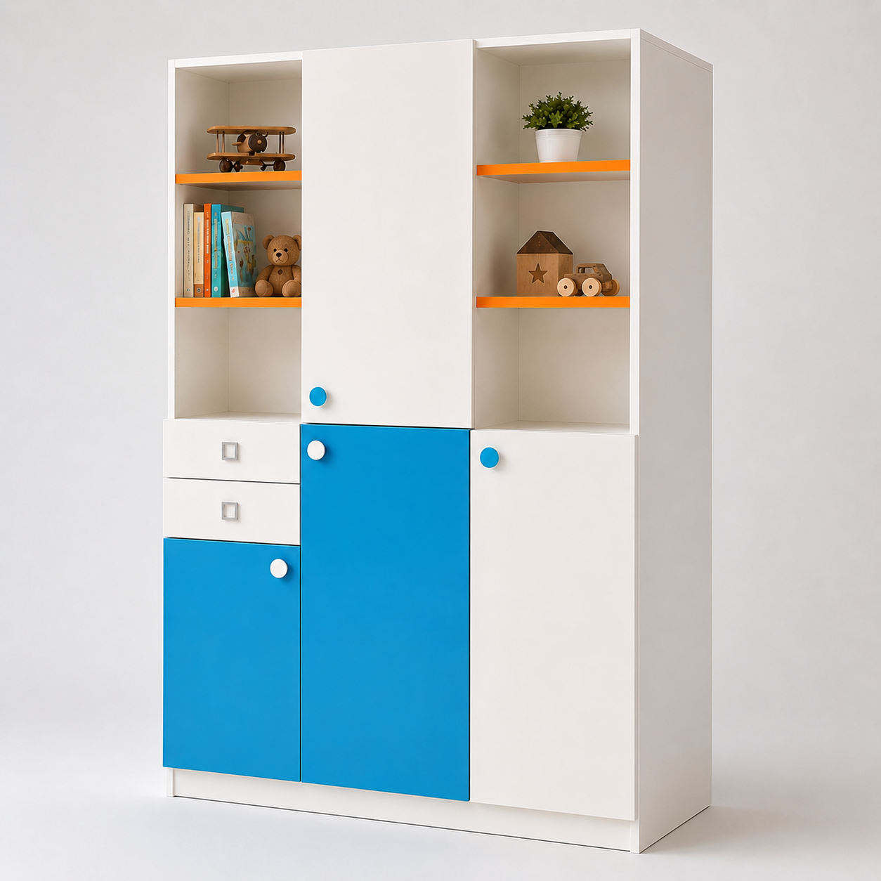 Kids Wardrobe in White & Blue with Open Shelves, Drawers & Multi-Door Storage for Kids Bedroom, Nursery, Playroom & Study Area