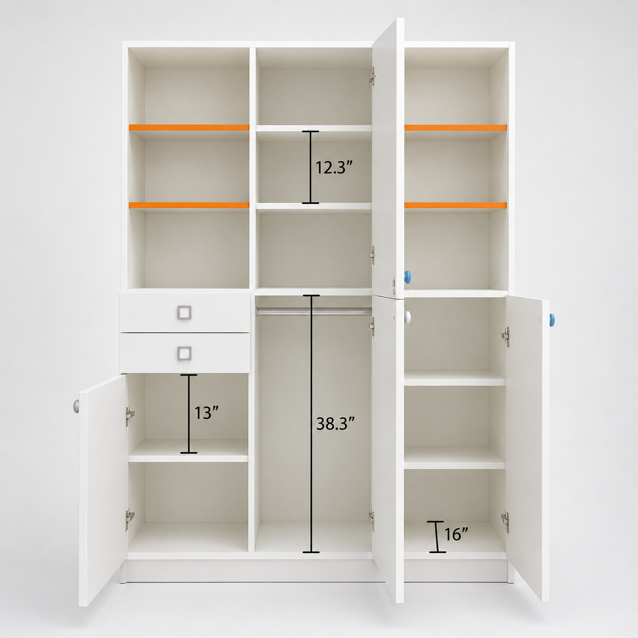 Kids Wardrobe in White & Blue with Open Shelves, Drawers & Multi-Door Storage for Kids Bedroom, Nursery, Playroom & Study Area