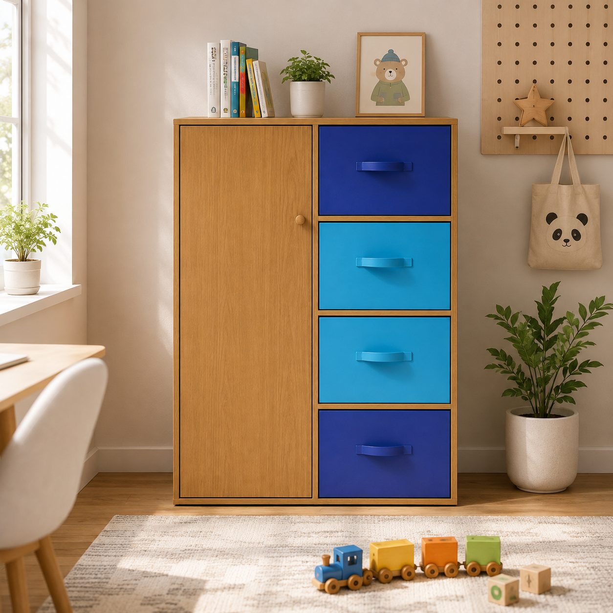 Kids Storage Cabinet in Wooden Finish with Door & 4 Drawers, Toy, Book & Clothes Organizer for Kids Bedroom, Nursery & Playroom