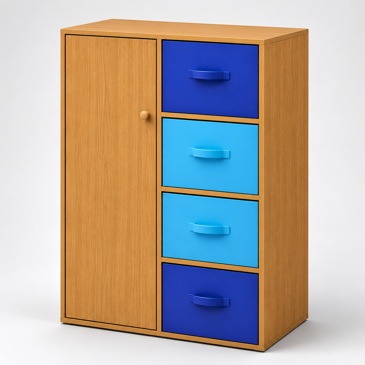 Kids Storage Cabinet in Wooden Finish with Door & 4 Drawers, Toy, Book & Clothes Organizer for Kids Bedroom, Nursery & Playroom