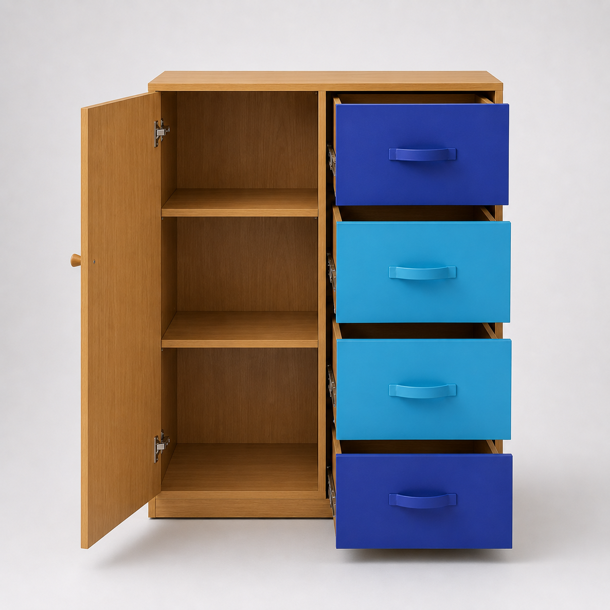 Kids Storage Cabinet in Wooden Finish with Door & 4 Drawers, Toy, Book & Clothes Organizer for Kids Bedroom, Nursery & Playroom