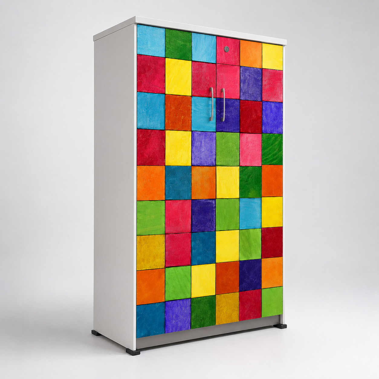 Kids Wardrobe in White with Colorful Double Doors & Multi-Shelf Storage for Kids Bedroom, Nursery, Playroom & Study Area