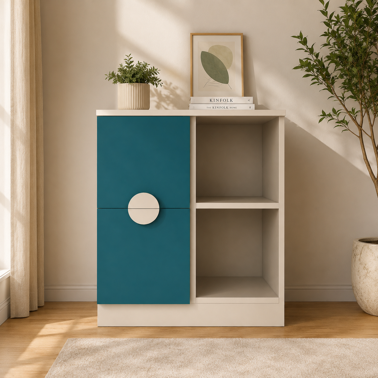 Kids Storage Cabinet in White & Teal with Door & Open Shelves, Toy & Book Organizer for Kids Bedroom, Nursery, Playroom & Study Area